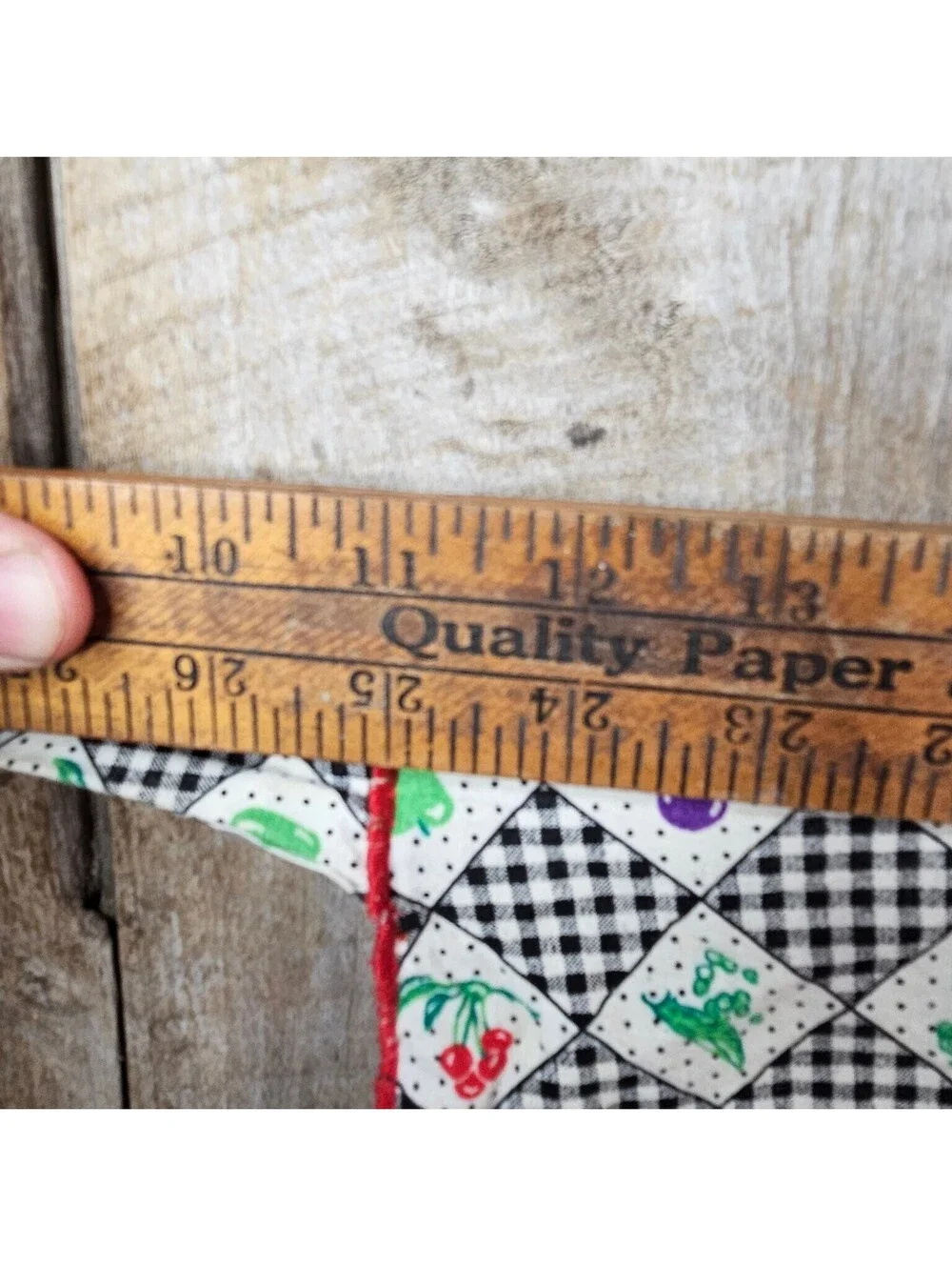 Vintage Gingham Apron Black White Red Trim Fruits Vegetables Floral Pattern